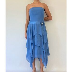 Liz Claiborne Y2K Strapless Formal Blue Midi Dress Handkerchief Skirt